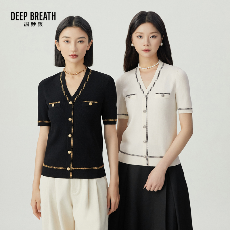DEEP BREATH深呼吸女装 V领三醋酸拼色金银丝简约针织衫A301422