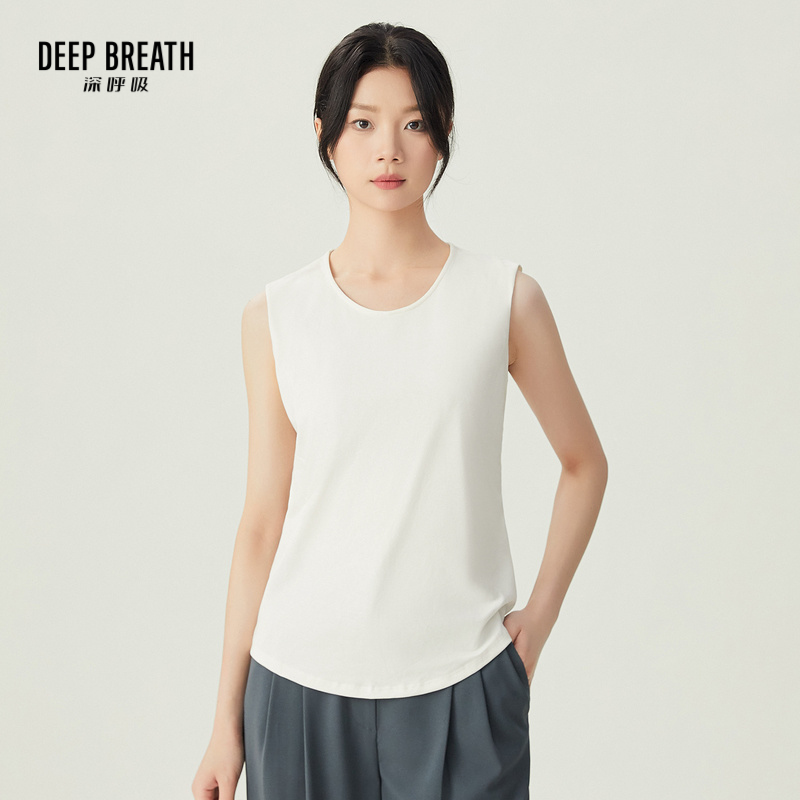 DEEP BREATH深呼吸女装 休闲纯色无袖圆领下摆弧度T恤上衣A301440