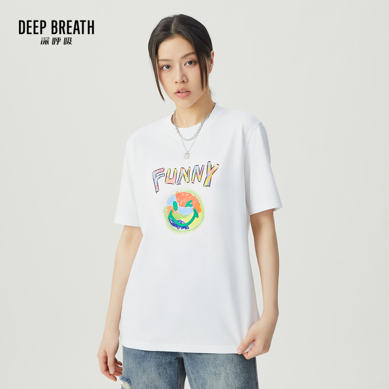 DEEP BREATH深呼吸女装 圆领简约休闲减龄字母笑脸宽松T恤A301445