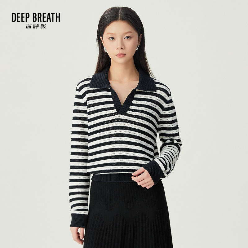 DEEP BREATH深呼吸女装 翻领拼色镂空挑洞套头长袖针织衫A301463
