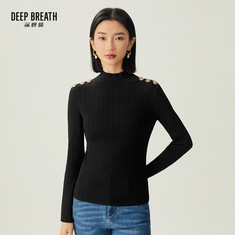 DEEP BREATH深呼吸女装 纯色套头烟管领金属扣肩章针织衫A301469