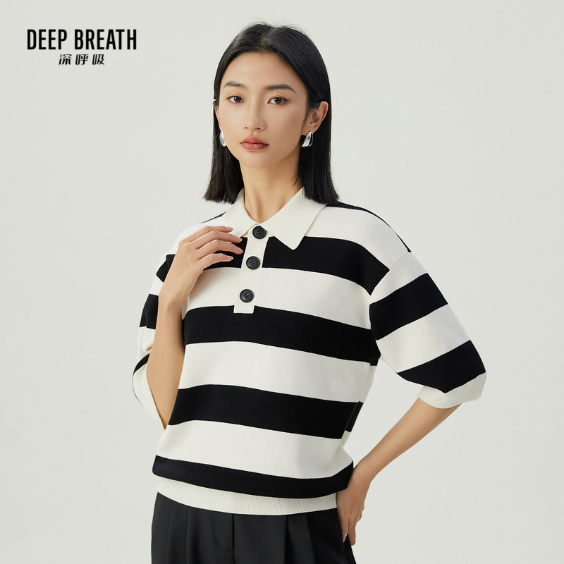 DEEP BREATH深呼吸女装 简约廓形条纹拼色POLO针织上衣A301471