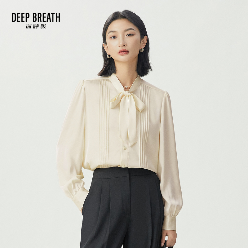 DEEP BREATH深呼吸女装 轻职场立领通勤飘带光泽长袖衬衫A301473
