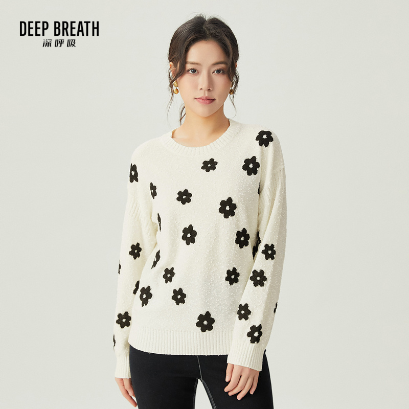 DEEP BREATH深呼吸女装 圆领羊毛提花针织衫简约拼色上衣A301486