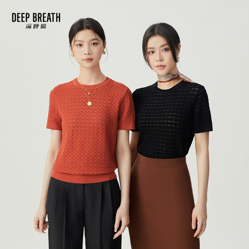 DEEP BREATH深呼吸女装 简约圆领镂空肌理短袖套头针织衫A301488