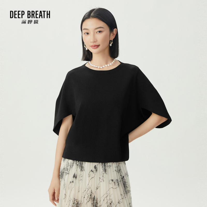 DEEP BREATH深呼吸女装 简约船领蝙蝠袖针织衫短袖上衣A301490