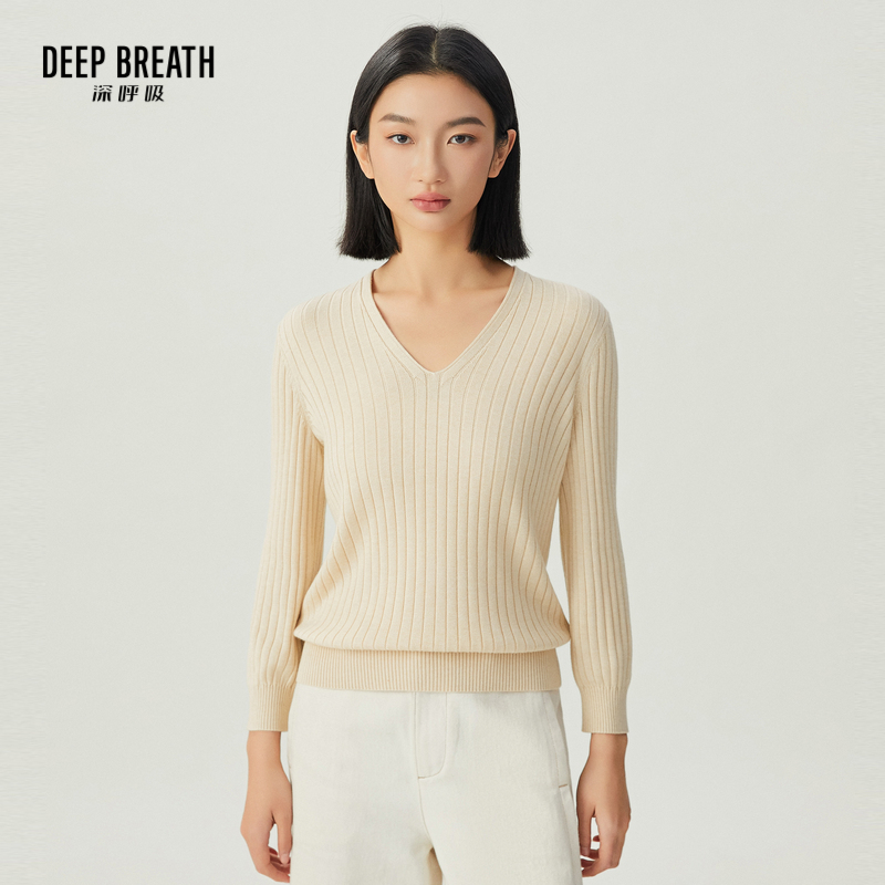 DEEP BREATH深呼吸女装 V领三醋酸八分水滴袖针织衫上衣A301493