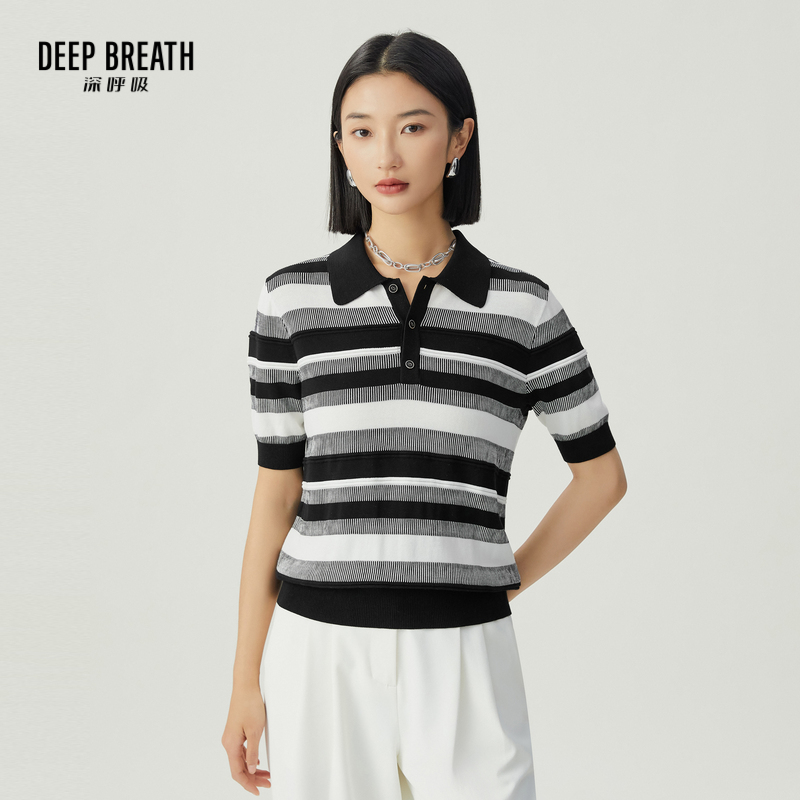 DEEP BREATH深呼吸女装 休闲POLO领上衣直身条纹针织衫A301498