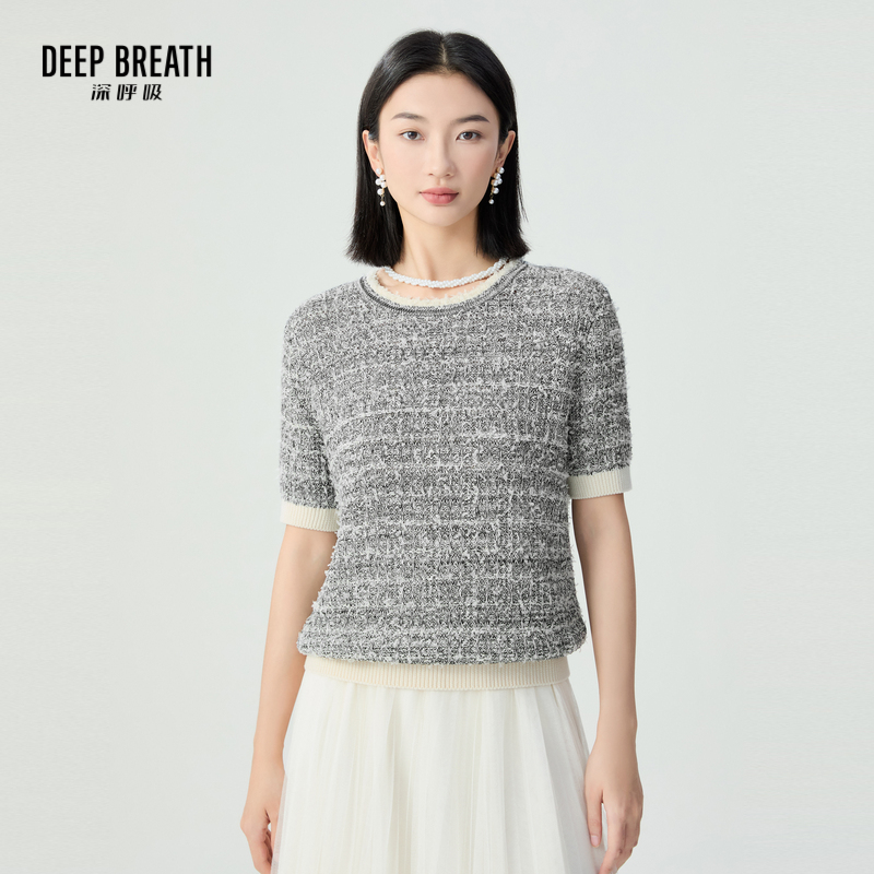 DEEP BREATH深呼吸女装 小香风拼色花纱短袖针织衫A301502