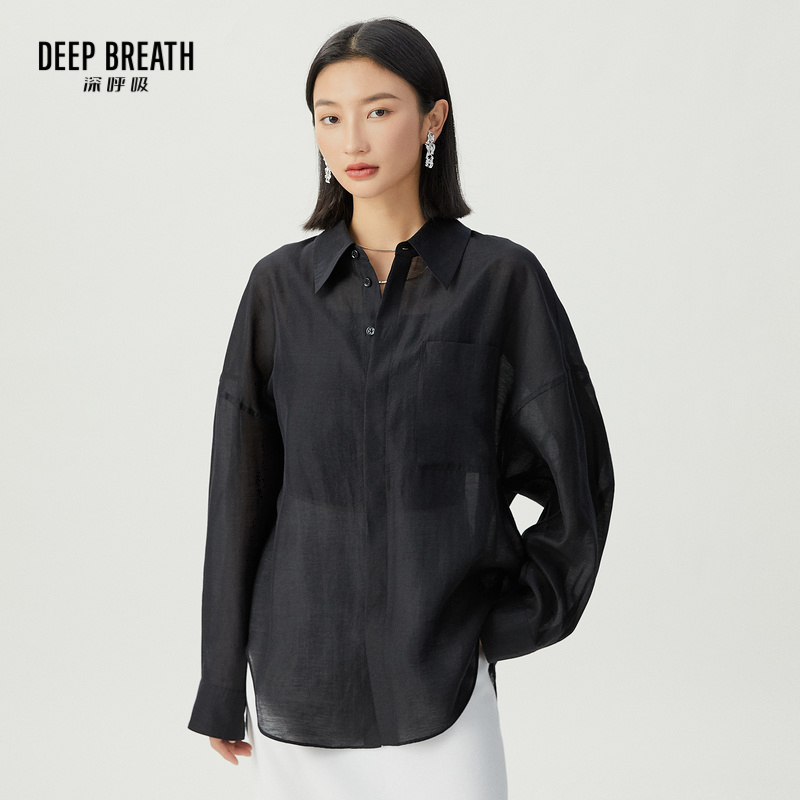 DEEP BREATH深呼吸女装 亚麻透纱外罩衬衫中长款休闲外套A301506