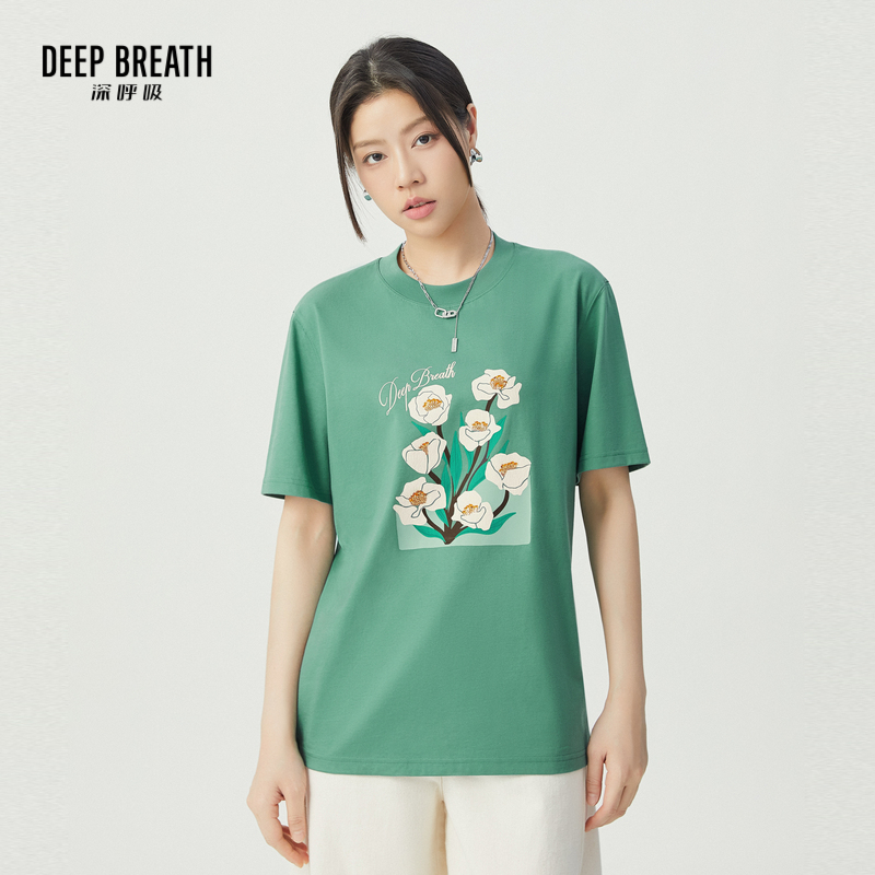 DEEP BREATH深呼吸女装 休闲印花短袖钉珠花图案宽松T恤A301507