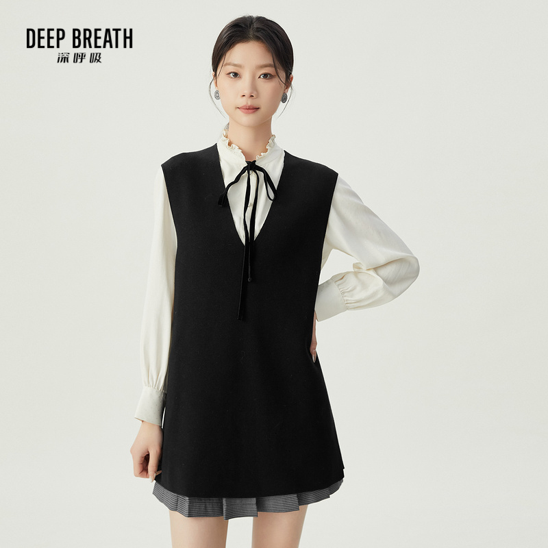 DEEP BREATH深呼吸女装 V领中长款廓形造型马甲开衩针织衫A301509