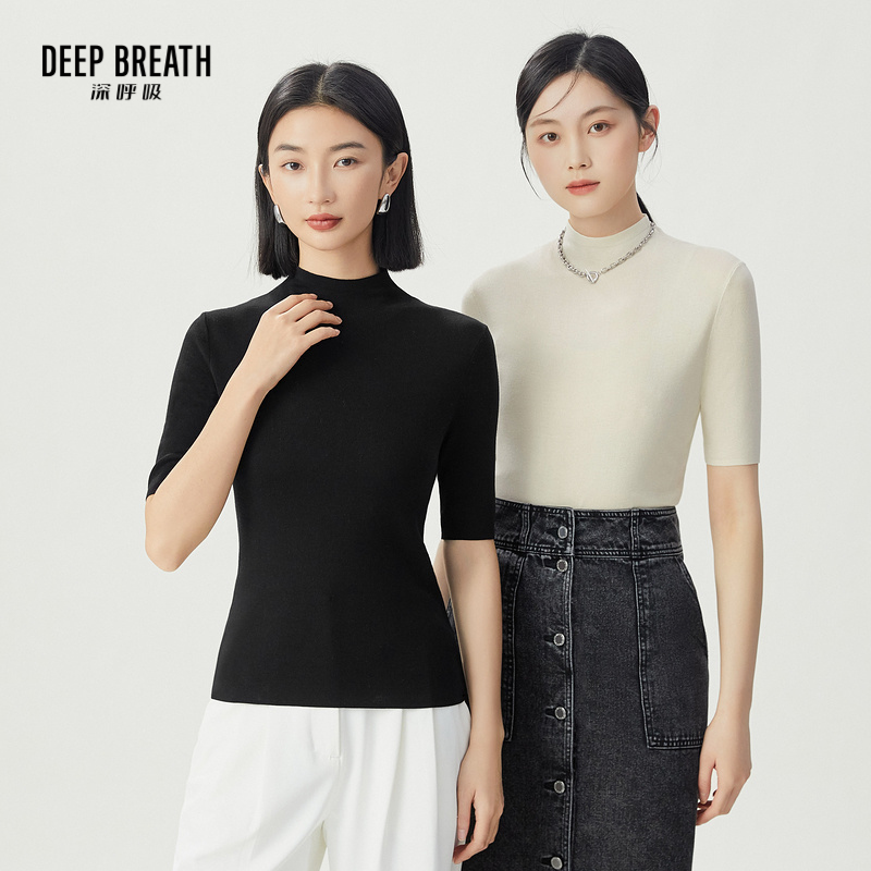 DEEP BREATH深呼吸女装 三醋酸烟管领中袖纯色套头针织衫A301515