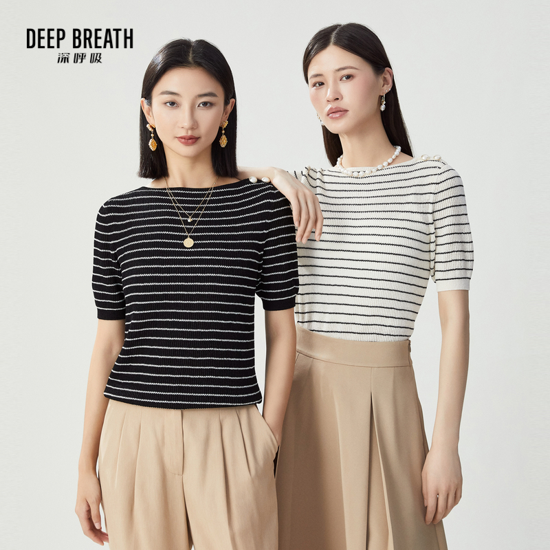 DEEP BREATH深呼吸女装 船领条纹拼色珍珠扣短袖针织上衣A301516
