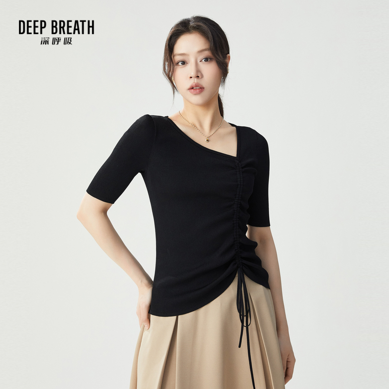 DEEP BREATH深呼吸女装 纯色显瘦斜领侧抽绳造型针织衫A301533