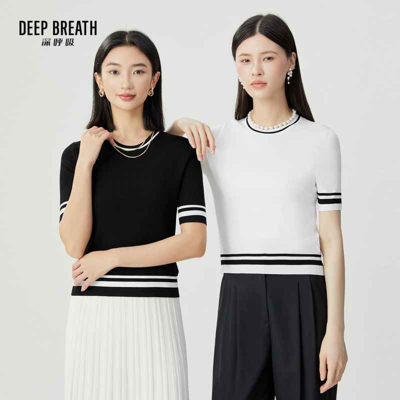 DEEP BREATH深呼吸女装 圆领坑条拼色条纹短袖套头针织衫A301535