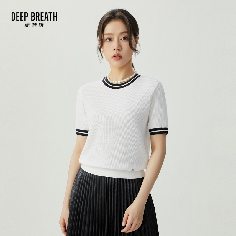 DEEP BREATH深呼吸女装 简约圆领拼色肌理短袖套头针织衫A301536