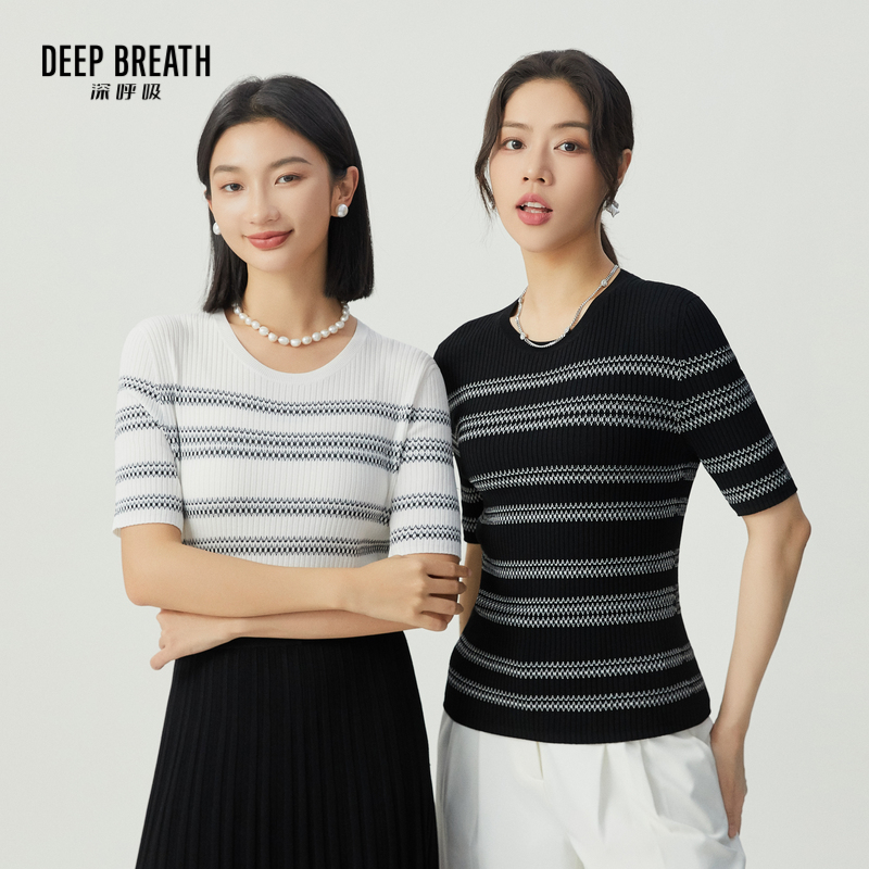 DEEP BREATH深呼吸女装 天衣无缝圆领拼色肌理条纹短袖坑条针织衫A301539