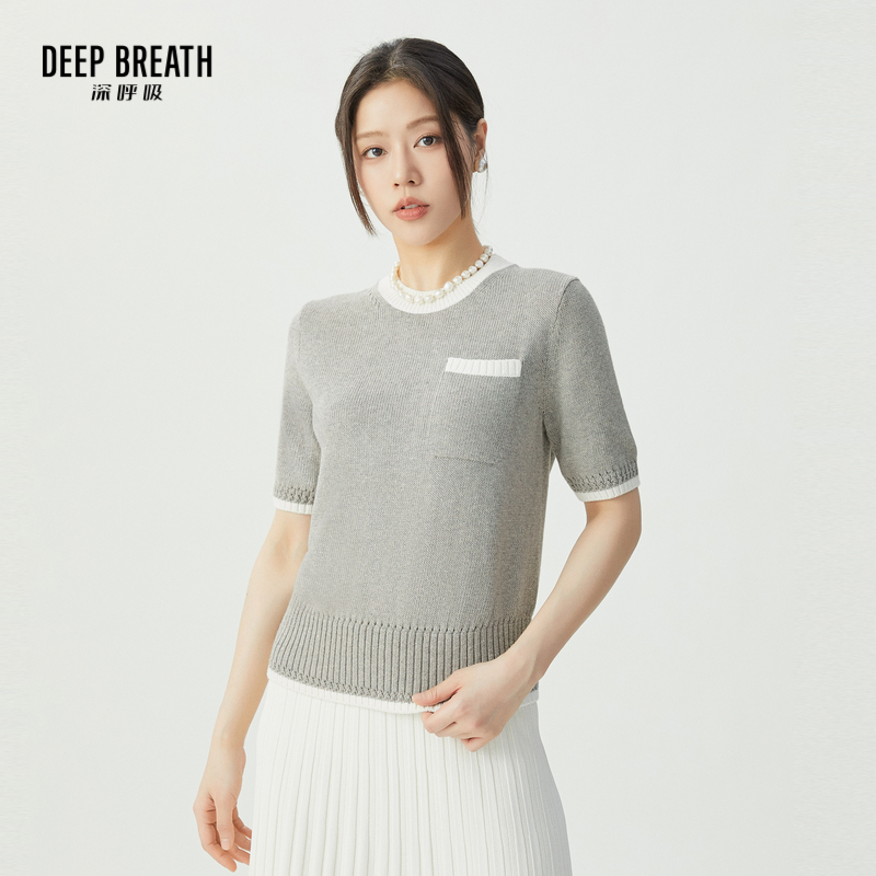 DEEP BREATH深呼吸女装 拼色口袋镂空挑洞短袖针织衫上衣A301540