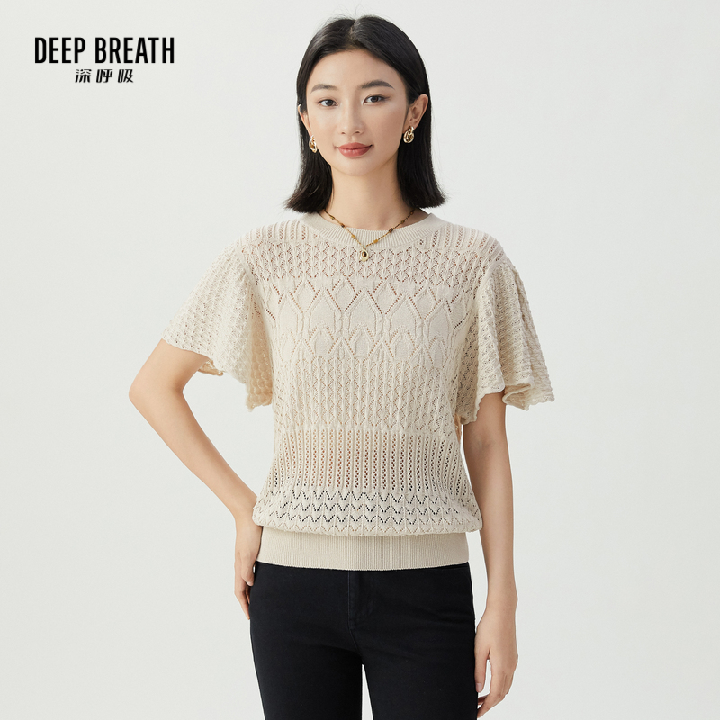 DEEP BREATH深呼吸女装 圆领镂空肌理小飞袖针织衫上衣A301541