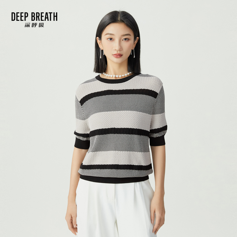 DEEP BREATH深呼吸女装 简约圆领肌理拼色条纹中袖针织衫A301542
