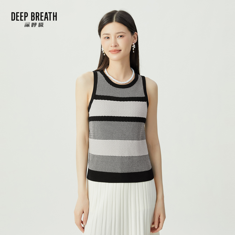 DEEP BREATH深呼吸女装 圆领肌理拼色条纹无袖针织衫背心A301543