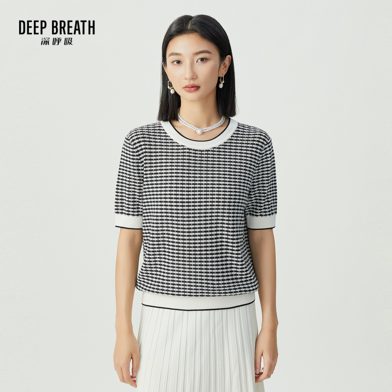 DEEP BREATH深呼吸女装 简约圆领拼色肌理短袖套头针织衫A301545