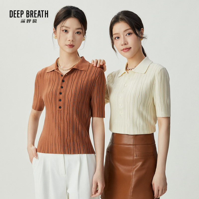 DEEP BREATH深呼吸女装 polo翻领短袖纽扣肌理套头针织衫A301546