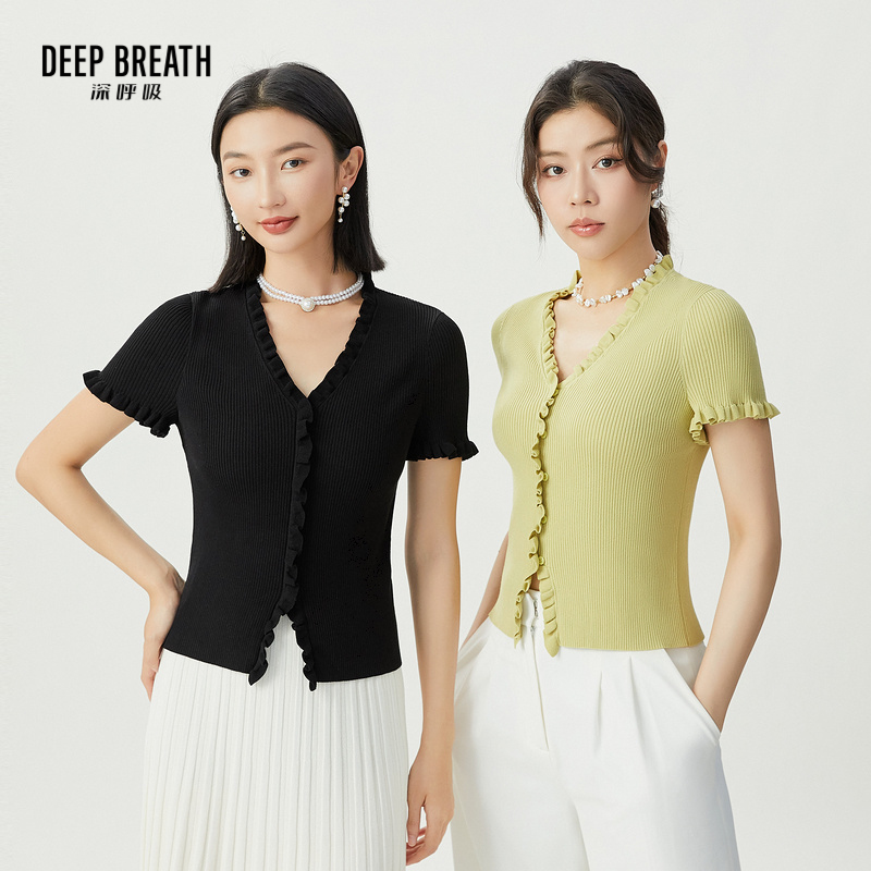 DEEP BREATH深呼吸女装 简约V领俏皮木耳边套头短袖针织衫A301548