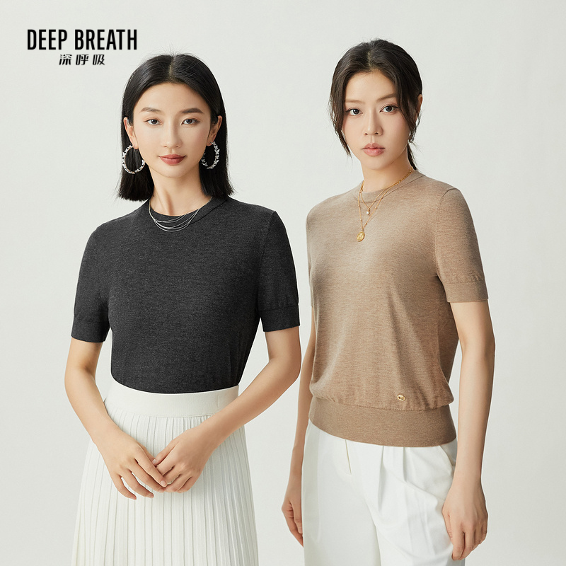 DEEP BREATH深呼吸女装 圆领短袖针织衫素色简约贴牌上衣A301553