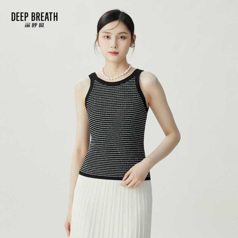 DEEP BREATH深呼吸女装 圆领拼色肌理无袖背心条纹针织衫A301559