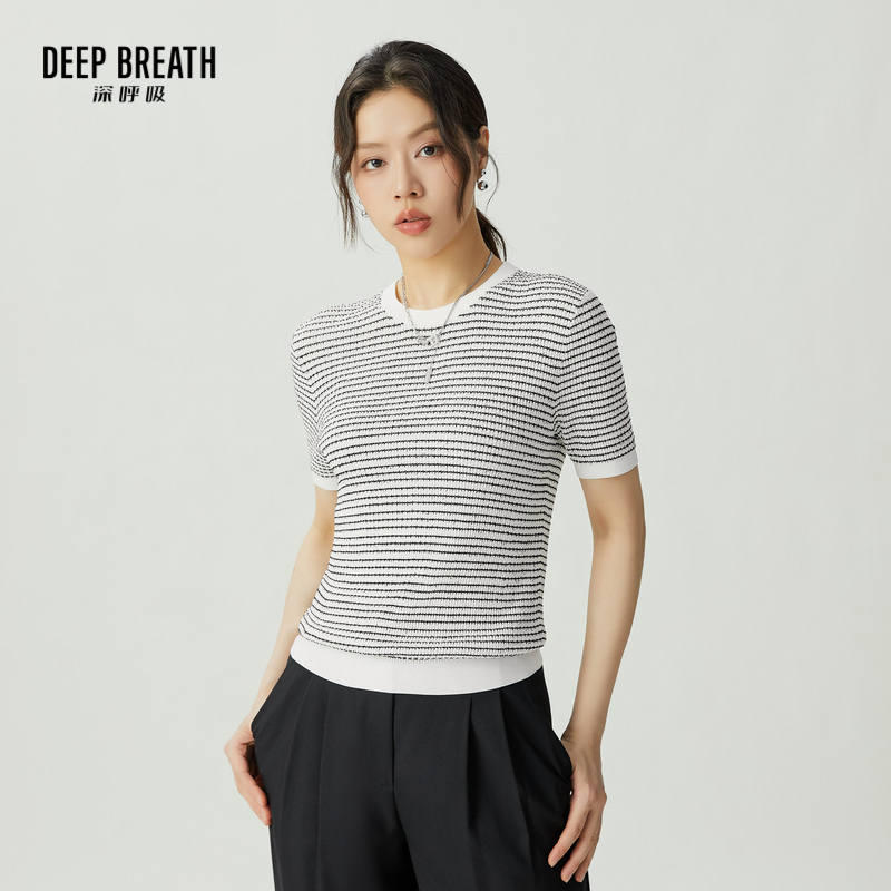 DEEP BREATH深呼吸女装 圆领拼色肌理短袖套头条纹针织衫A301560
