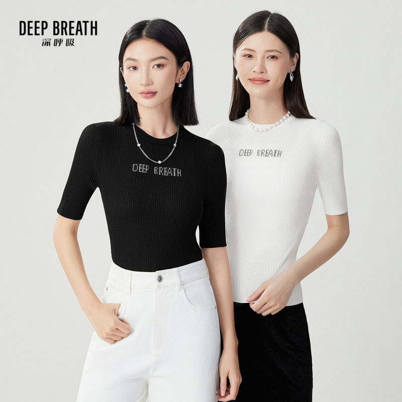 DEEP BREATH深呼吸女装 圆领短袖拼色字母坑条肌理针织衫A301561