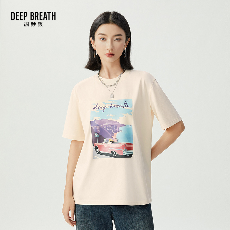 DEEP BREATH深呼吸女装 简约圆领图案套头短袖宽松休闲T恤A301565