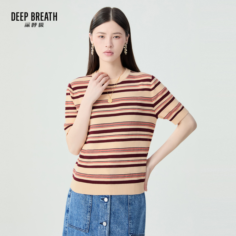 DEEP BREATH深呼吸女装 圆领拼色肌理条纹短袖针织套头衫A301566