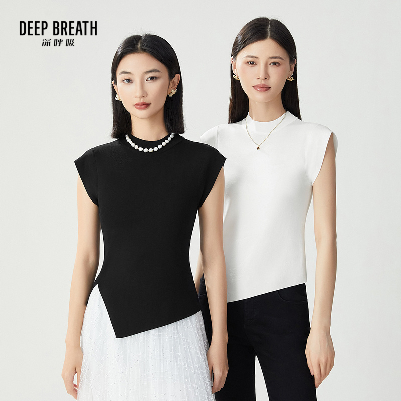 DEEP BREATH深呼吸女装 小烟管领开叉不规则下摆针织上衣A301572