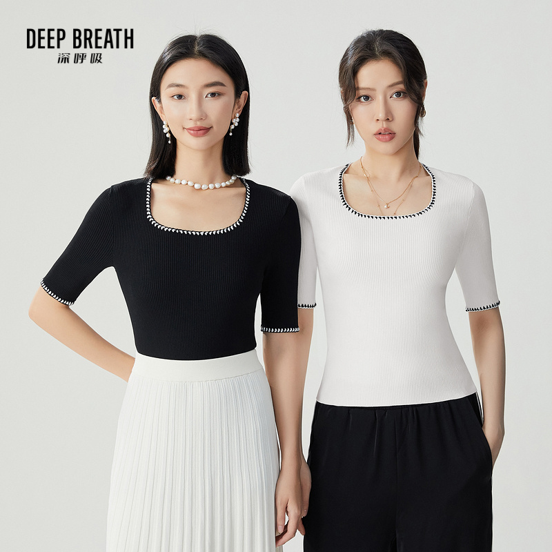 DEEP BREATH深呼吸女装 拼色勾花大U领坑条针织衫短袖上衣A301575
