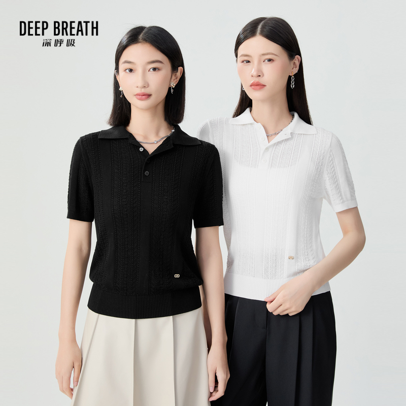 DEEP BREATH深呼吸女装 简约三醋酸短袖POLO领针织上衣A301578
