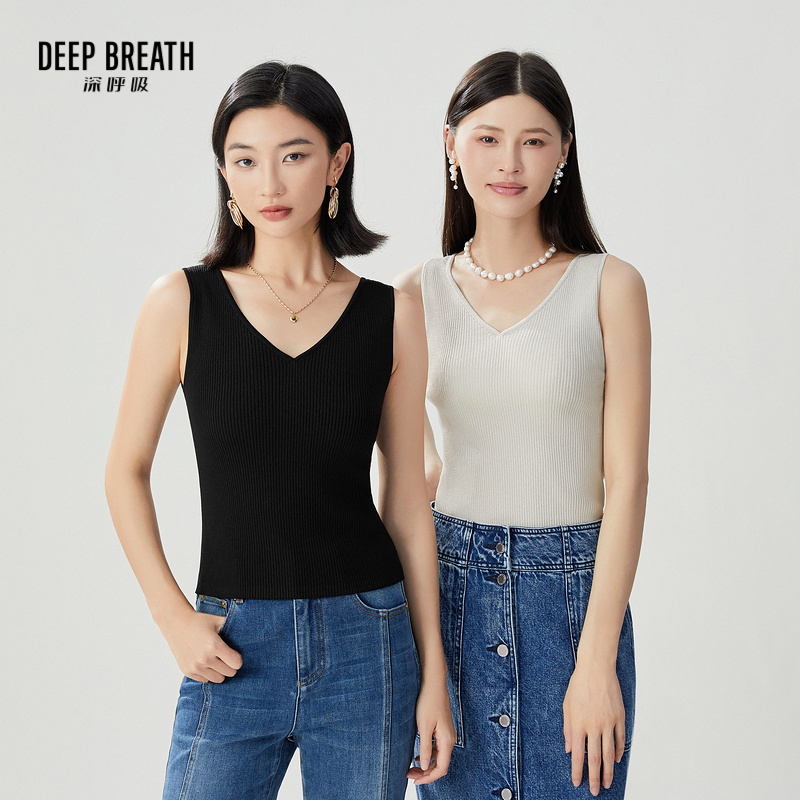 DEEP BREATH深呼吸女装 V领金银丝坑条打底背心无袖针织衫A301581