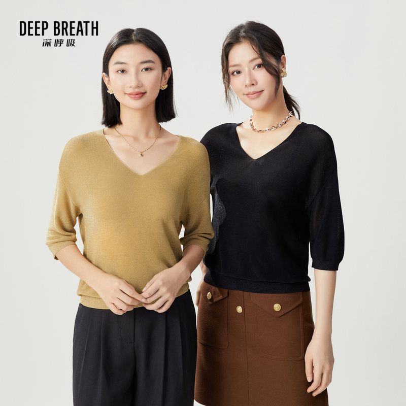 DEEP BREATH深呼吸女装 简约V领廓形针织中袖金银丝套头衫A301591