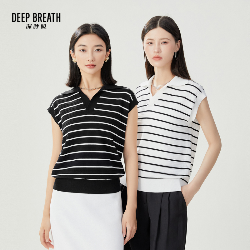 DEEP BREATH深呼吸女装 V型翻领微廓形无袖条纹针织背心A301599