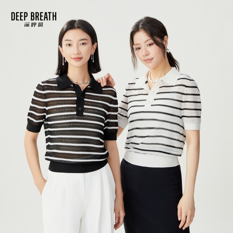DEEP BREATH深呼吸女装 拼色Polo领肌理镂空透视三醋酸针织衫A301606