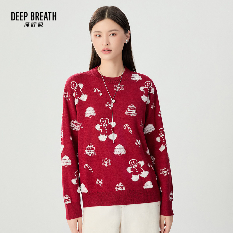 DEEP BREATH深呼吸女装 圆领提花卡通图案拼色针织衫A301612