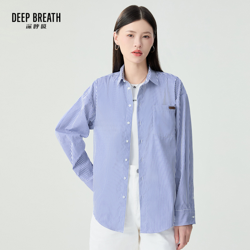 DEEP BREATH深呼吸女装 时尚休闲条纹单口袋长袖衬衫A301613