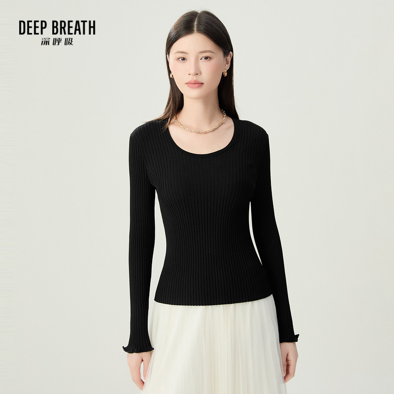 DEEP BREATH深呼吸女装 时尚大U领木耳边纯色针织衫A301629
