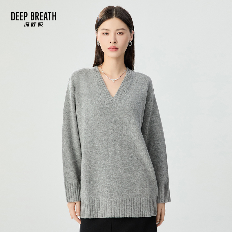 DEEP BREATH深呼吸女装 简约V领廓形宽松套头针织衫A301645