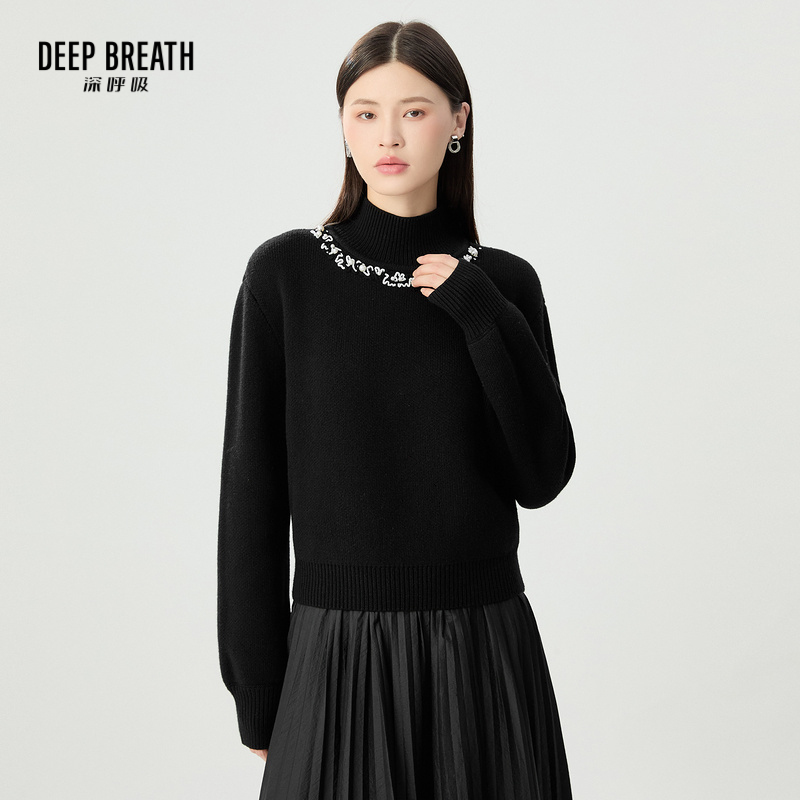 DEEP BREATH深呼吸女装 复古烟管领刺绣缝珠针织衫A301669