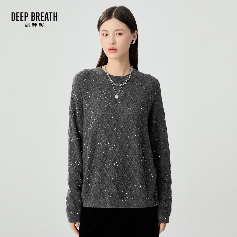 DEEP BREATH深呼吸女装 圆领珠片长袖廓形套头针织衫A301674