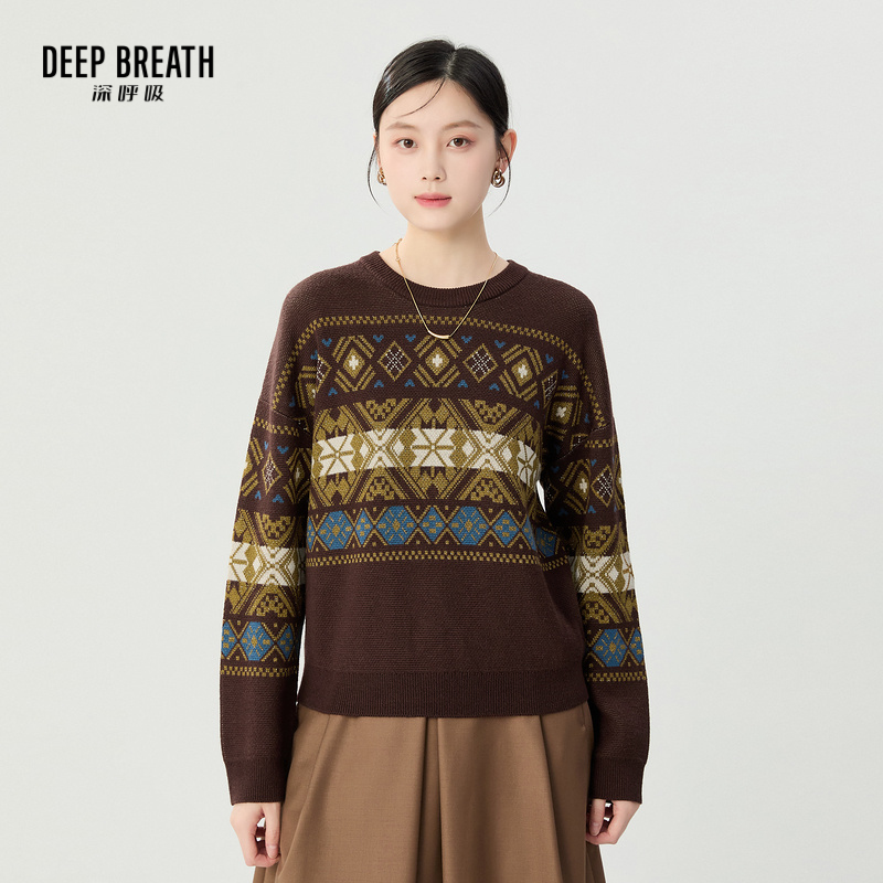 DEEP BREATH深呼吸女装 几何拼色图案针织衫A301693