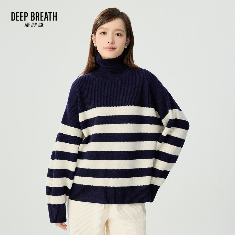 DEEP BREATH深呼吸女装 拼色高领粗棒羊毛针织毛衣A301707